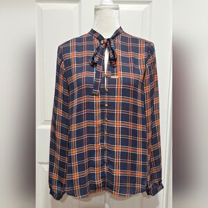 Michael Kors Button Down Tie Neck Plaid Blouse Navy Blue Orange & White